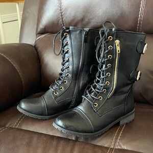 Forever 21 Black Lace-Up Combat Boots with Gold Zipper Accents
